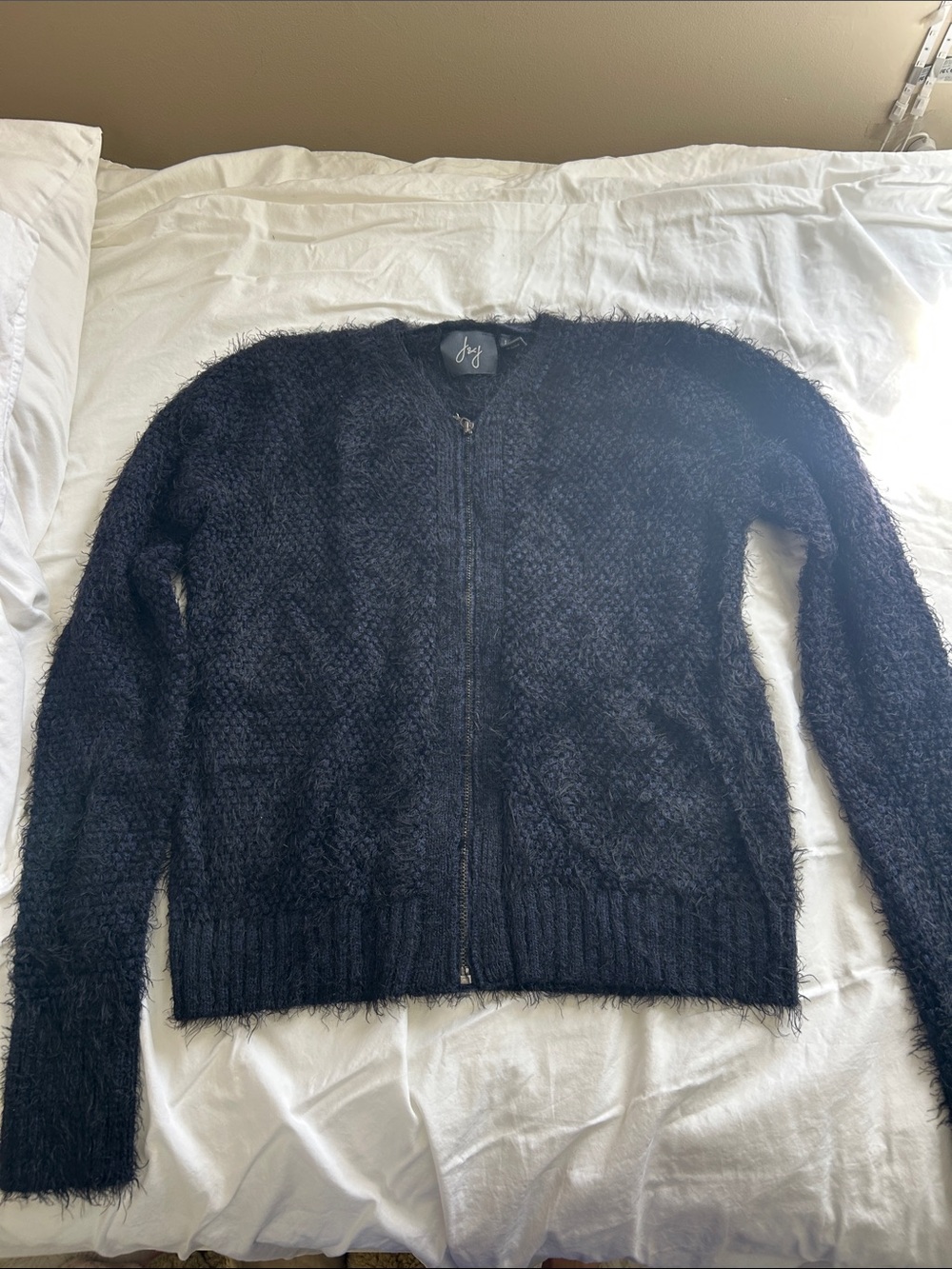 Joey Fuzzy Zip-Up Cardigan Sweater - Black